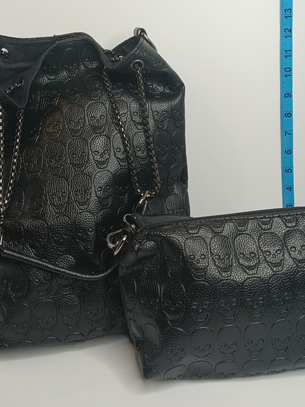 Black Skull-Embossed Leather Tote with Matching Small Purse (Broken Zipper Tab)